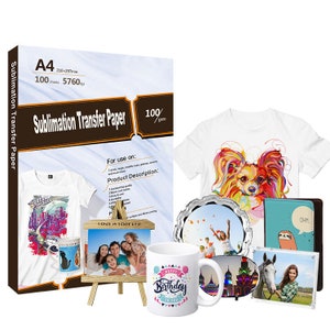 May include: A pack of 100 sheets of A4 sublimation transfer paper, 100 gsm, for use on t-shirts, mugs, metal cups, glasses, ceramic, and much more. The paper is shown with various sublimation projects, including a t-shirt with a colorful dog design, a mug with a birthday message, a photo frame with a family photo, a canvas with a love message, a pillow with a sloth design, and a coaster with a castle design.