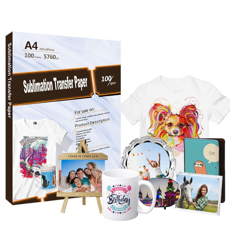 May include: A pack of 100 sheets of A4 sublimation transfer paper, 100 gsm, for use on t-shirts, mugs, metal cups, glasses, ceramic, and much more. The paper is shown with various sublimation projects, including a t-shirt with a colorful dog design, a mug with a birthday message, a photo frame with a family photo, a canvas with a love message, a pillow with a sloth design, and a coaster with a castle design.