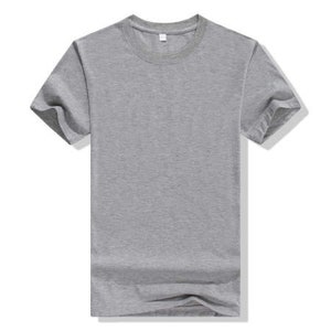May include: A plain gray short-sleeved t-shirt.