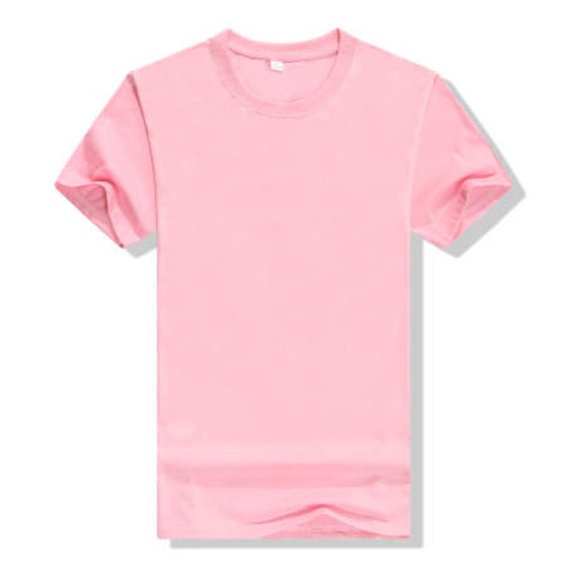 May include: A plain pink short-sleeved t-shirt.