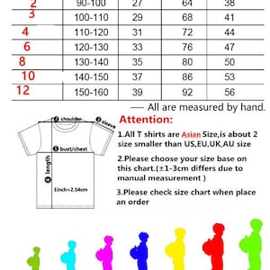May include: Size chart for children's t-shirts with measurements in centimeters for height, shoulder, bust, and length. The chart includes a diagram of a t-shirt with measurements labeled.  The chart also includes a size guide for children's ages and weights.