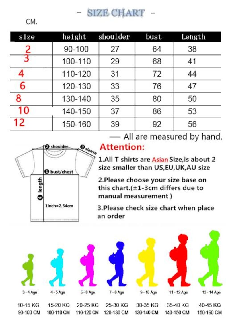 May include: Size chart for children's t-shirts with measurements in centimeters for height, shoulder, bust, and length. The chart includes a diagram of a t-shirt with measurements labeled.  The chart also includes a size guide for children's ages and weights.