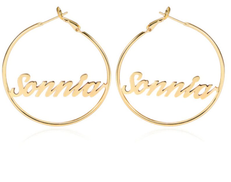 Real 14K Gold Hoop Earrings With Name Sparkling Diamond Bling