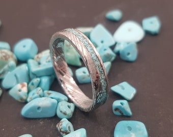 SERPENT - Damask steel ring - Turquoise - L 4mm