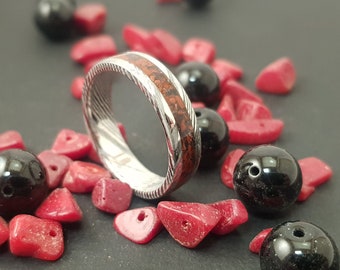 SERPENT - Damask steel ring - Red Jasper and Onyx - L 7mm