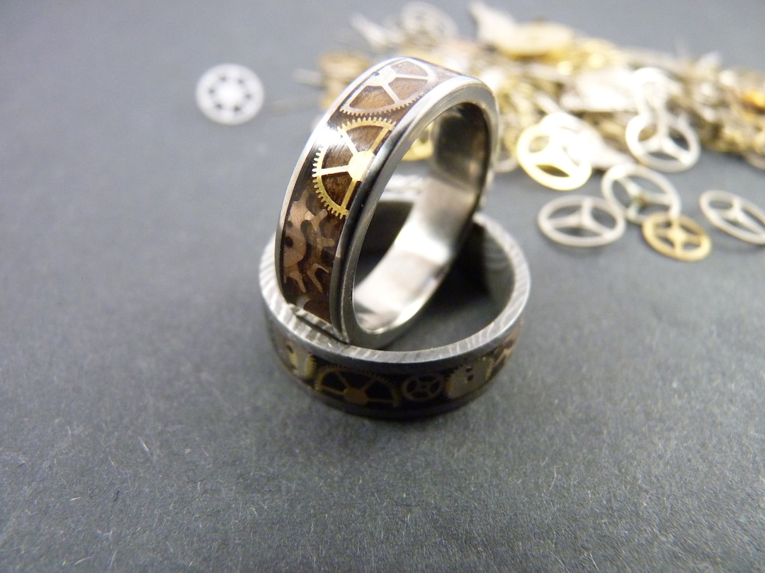 Modern Times - Titanium and Walnut Ring With Watch Mechanisms - Etsy