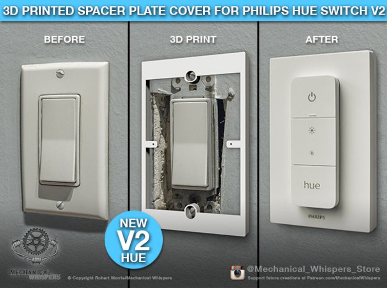 Philips Hue Dimmer Switch V2 Plate, 3D Printed Spacer Plate for Philips