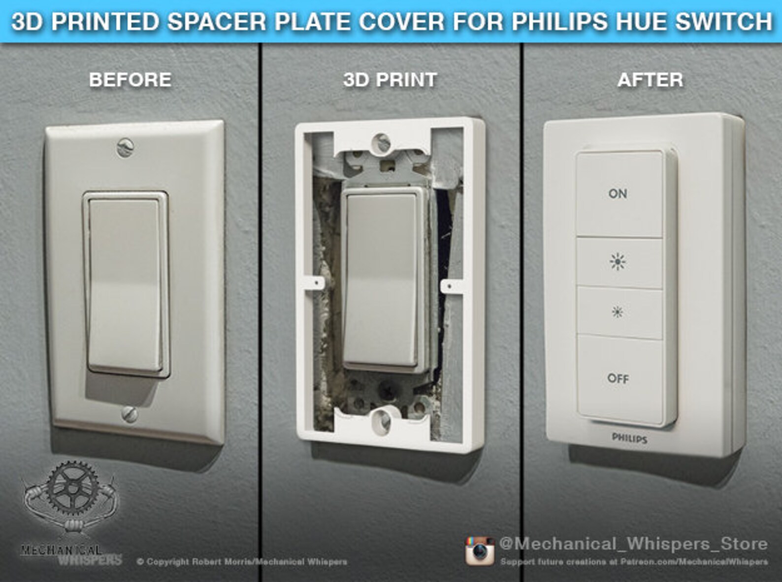 Philips Hue Dimmer Switch Plate, 3D Printed Spacer Plate for Philips