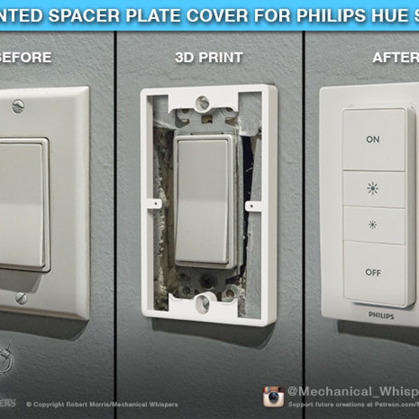 Philips Hue Dimmer Switch Plate, 3D Printed Spacer Plate for Philips Hue Switch (US Decora), Single Gang Dimmer Switch Plate Cover Spacer