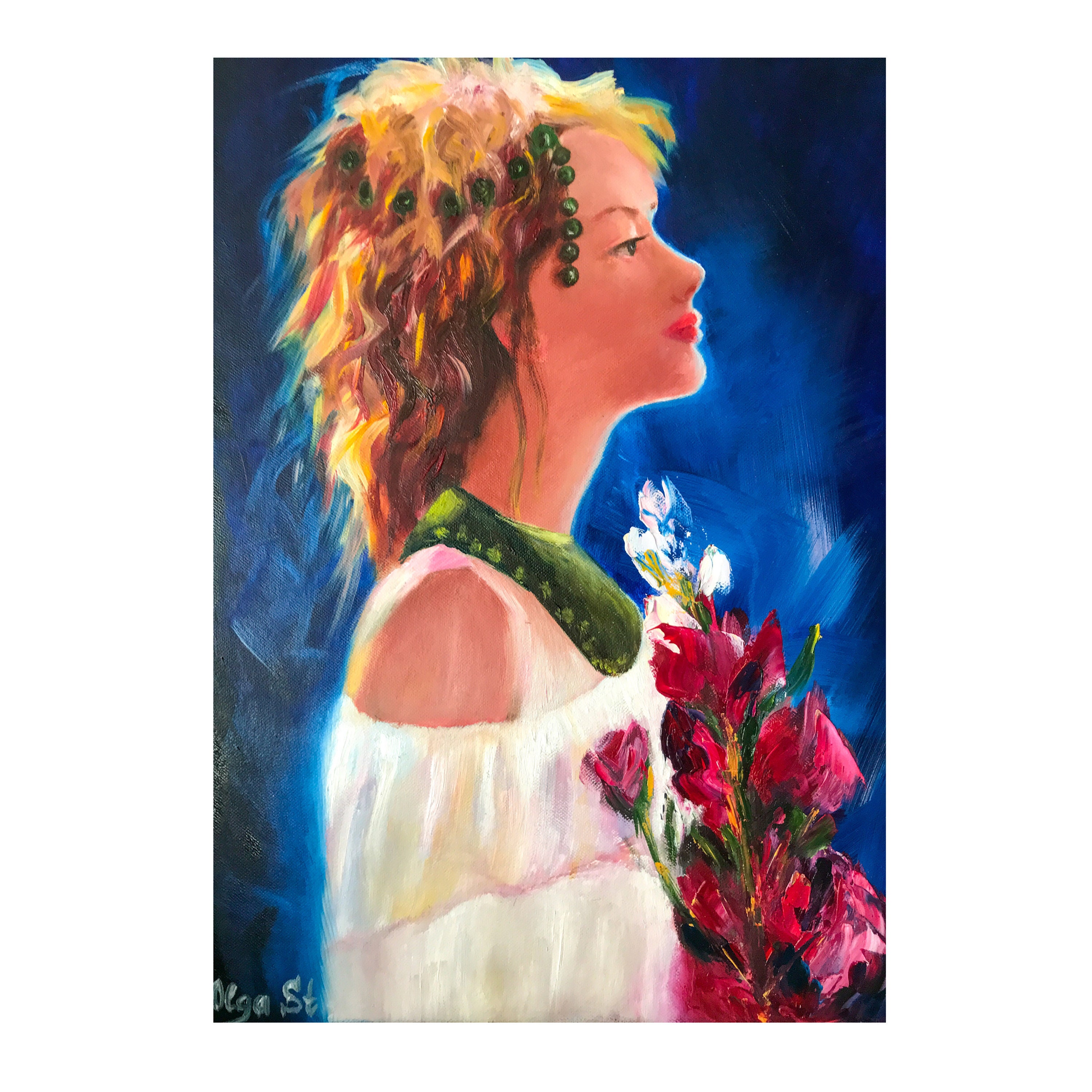 Boho Woman Painting Flower Girl Art Original Artwork Bohemian Etsy