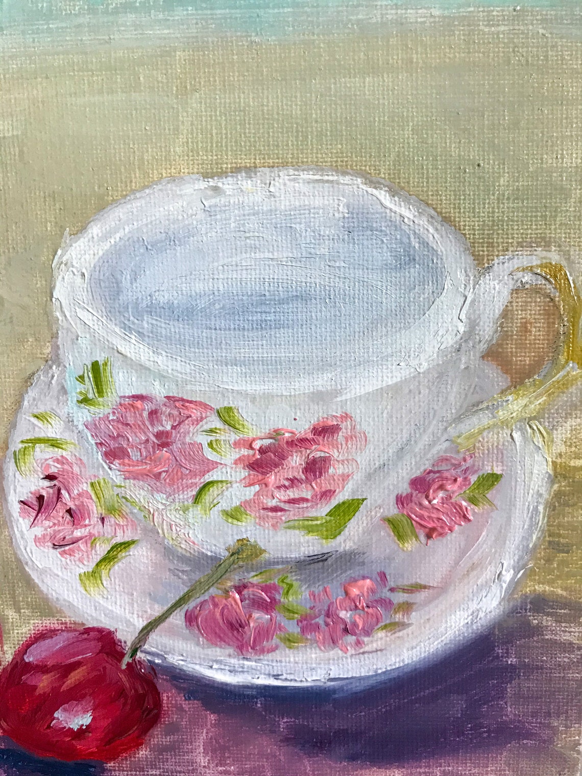 Tea Cup Painting Peony Artwork Still Life Original Oil Etsy