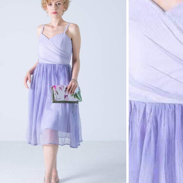 Chiffon silk dress, lila strap dress, silk prom dress, romantic purple dress, dress on straps, drapped silk dress, midi silk dress