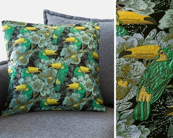 Toucan printed pillow cover bird printed pillow cover, jacquard pillow cover, green printed pillow cover, 40/40 pillow cover