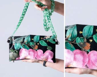 Velour clutch, flower black clutch, green black clutch, soft clutch, dutch flowers clutch, boho style clutch, cluth with colorfull flowers