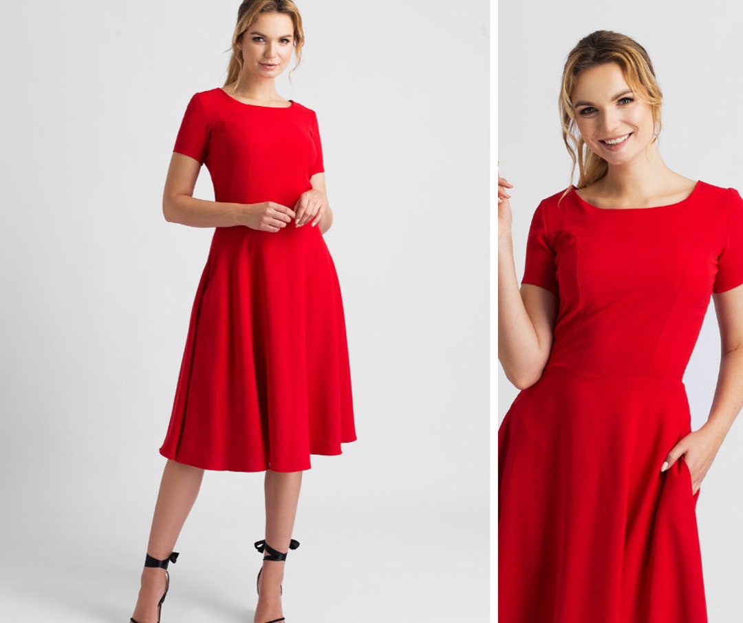 Midi Red Dress Retro Red Dress Pocket Retro Dress 50s - Etsy