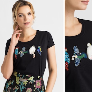 Bird embroidery shirt, free shipping shirt, parrot tshirt, black embroidery tshirt, handmade t shirt, luxury t shirt, cotton