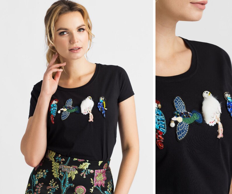 Bird embroidery shirt handmade t shirt luxury t shirt free shipping shirt cotton parrot tshirt black embroidery tshirt