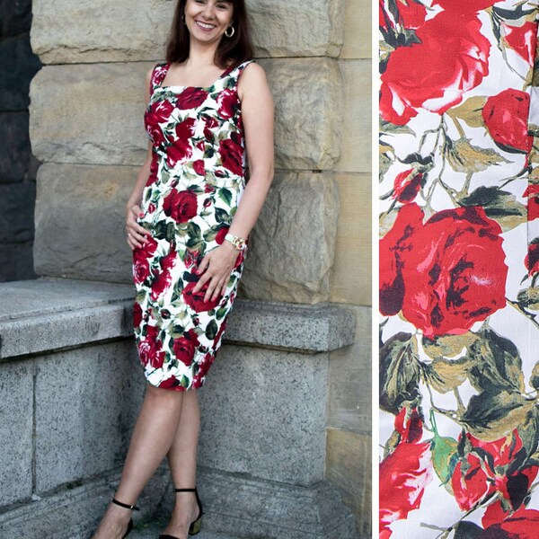 Federmäppchen Midi Kleid, Sommer Blumen Kleid, rot bleistift Kleid, rosen bedrucktes Kleid, Baumwoll Bleistift Kleid, quadratisches Kleid