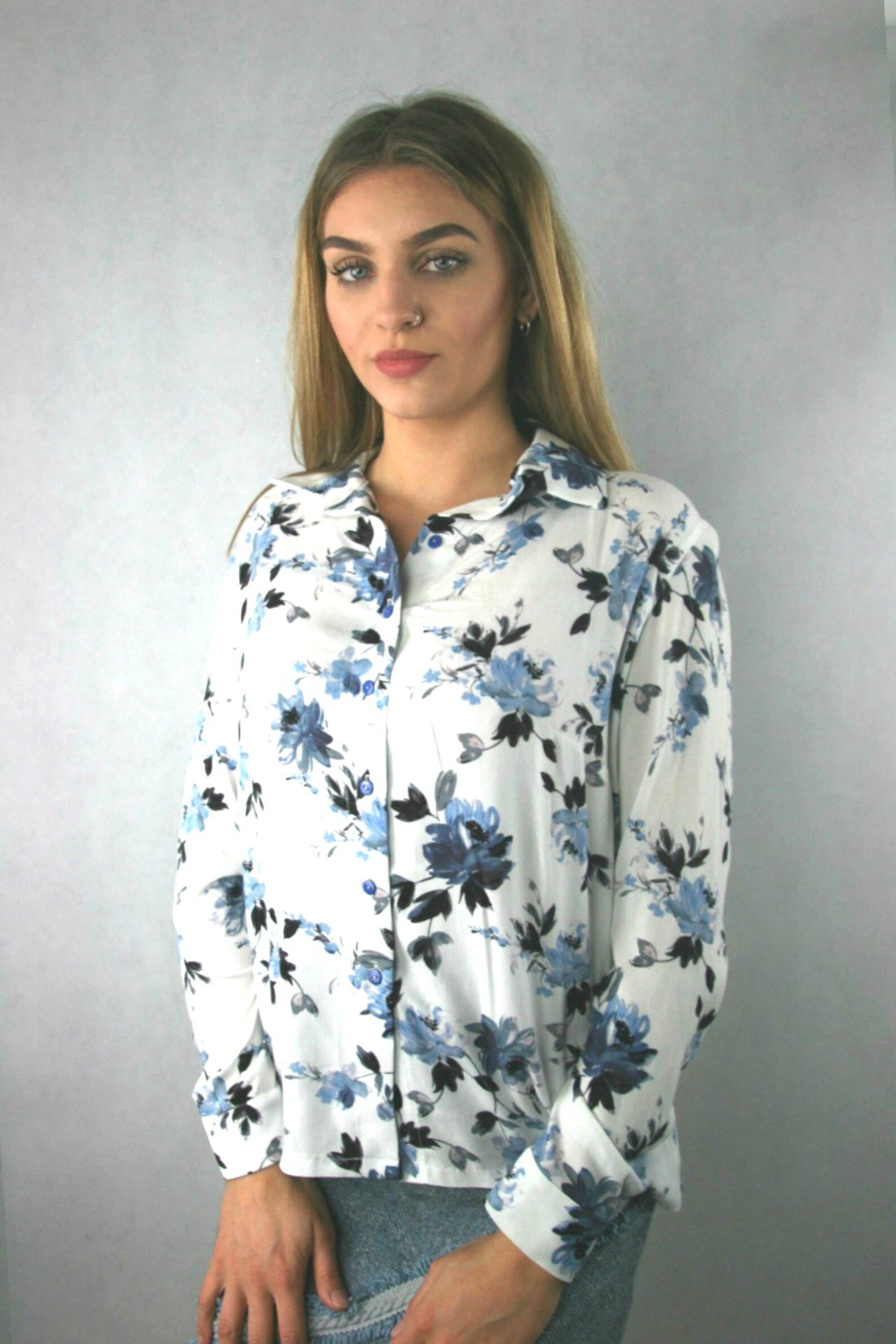 Blue Flower Shirt, Oversize Blue Shirt, Oversize Flower Top, Flower