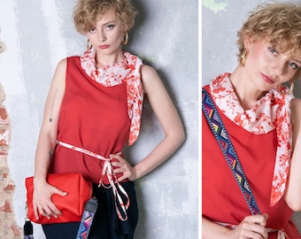 Top with floral scarf, red oversize top, sleeveless red top, red white top, summer red top, oversize comfortable top, floral scarf top