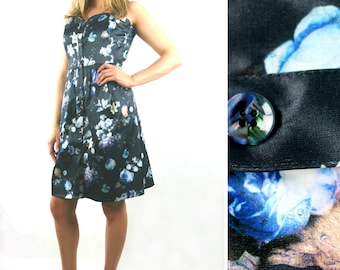 Midi cotton dress, flower printed dress,free shipping, oryginal dress,  romantic dress, black midi dress, blue dress