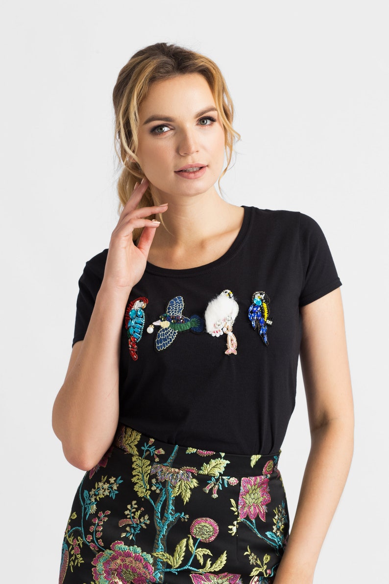 Bird embroidery shirt handmade t shirt luxury t shirt free shipping shirt cotton parrot tshirt black embroidery tshirt