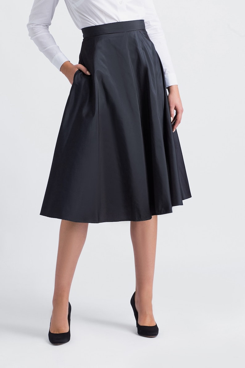 Silk Blue Skirt Flared Navy Blue Skirt Pocket Circle Skirt - Etsy