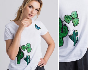 Cacti Tshirt, White green plant Tshirt, Plant embroidery shirt, Embroidery green shirt, Oversize green shirt, Loose white shirt