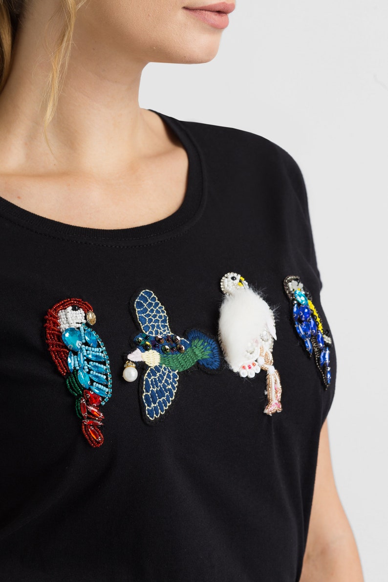 Bird embroidery shirt handmade t shirt luxury t shirt free shipping shirt cotton parrot tshirt black embroidery tshirt
