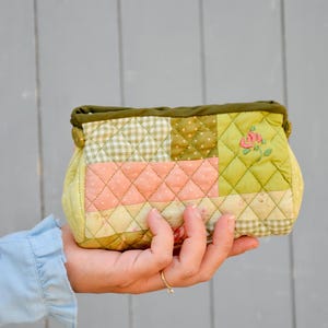 Handmade Patchwork Quilted Purse with Embroidered Rose / Small Zipper Pouch / Cottegecore Cosmetic Bag