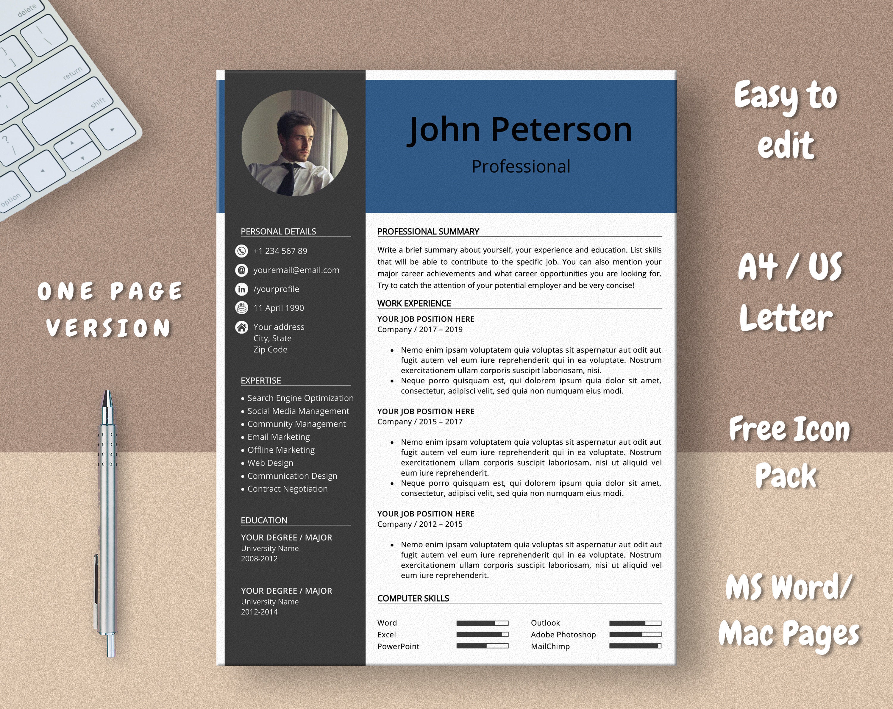 Modern Resume Template for Word & Pages (instant Download) - Etsy
