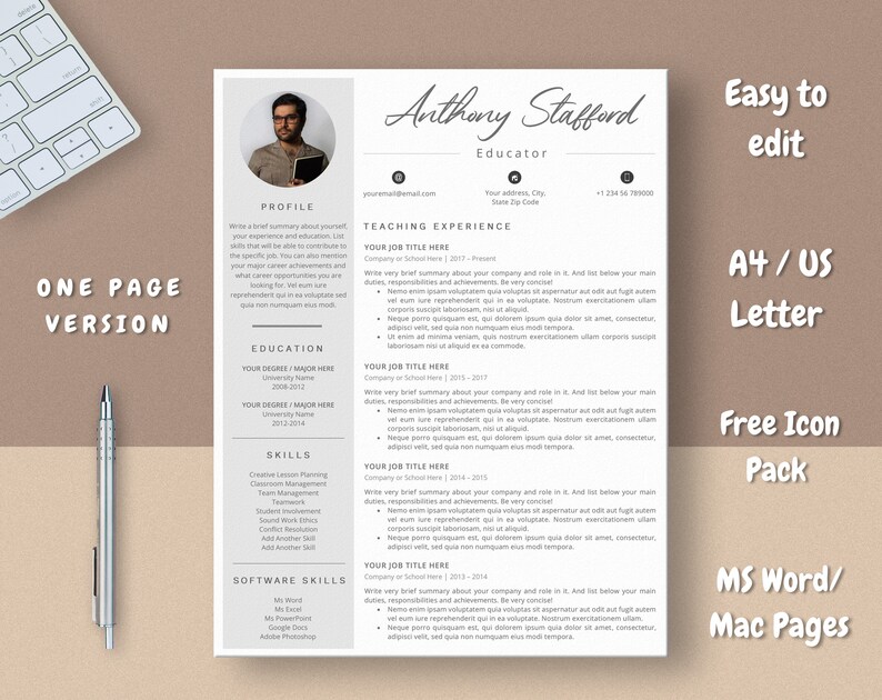Teacher Resume Template With Photo, Educator CV for Ms Word & Mac Pages ...