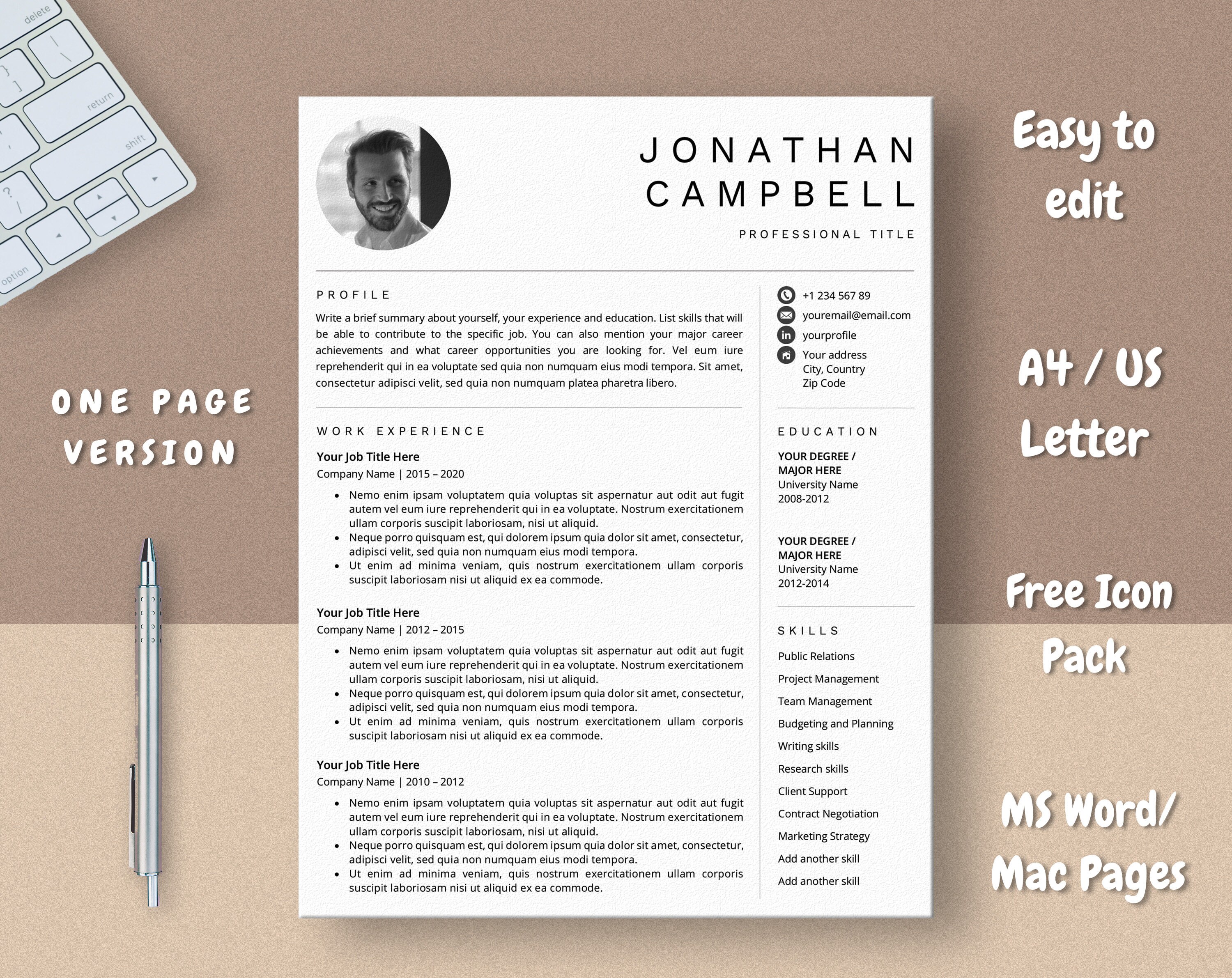 Professional resume template 2021 CV template Pages One & Etsy