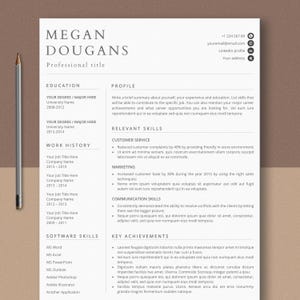 May include: A professional resume template with the name "Megan Dougans" at the top. The document includes sections for education, work history, skills, and achievements. A pencil rests on the left side.