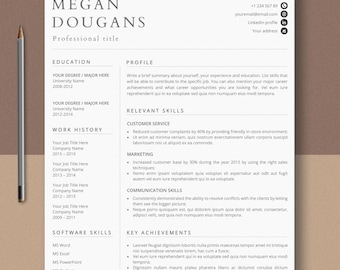 May include: A resume template with the name "Megan Dougans" at the top. The resume includes sections for education, work history, relevant skills, and key achievements. A pencil is placed on the left side of the resume.
