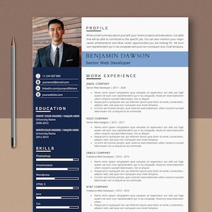 May include: A resume template with a photo of a man in a suit. The resume includes sections for profile, work experience, education, and skills. The text includes the name "Benjamin Dawson" and the title "Senior Web Developer."