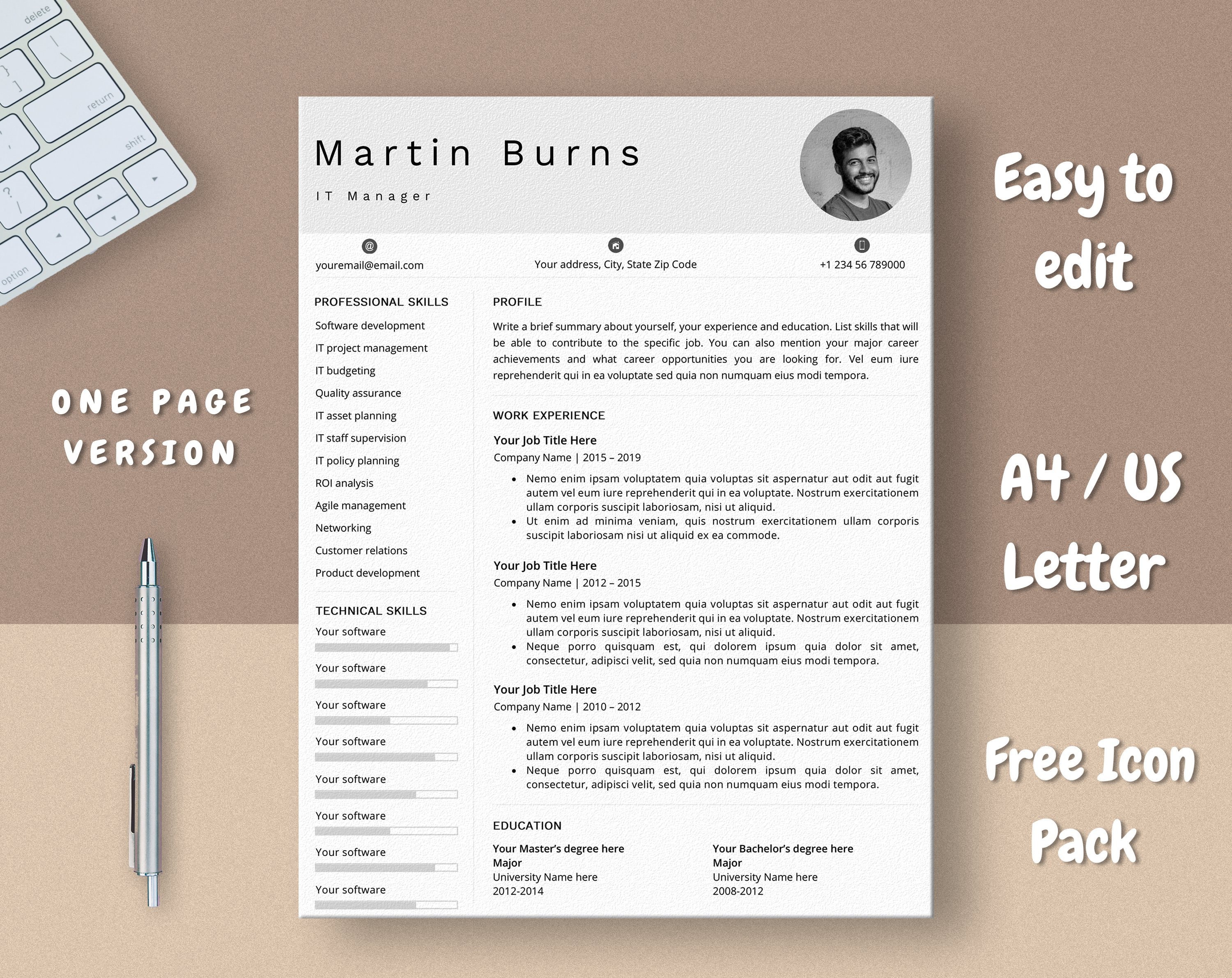 Professional Resume Template, Modern CV Design (MS Word) - Etsy