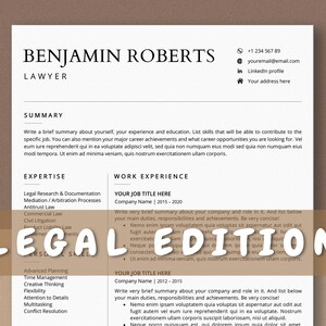Plantilla de currículum legal Word + páginas, CV de abogado, currículum vitae de abogado, plantilla de currículum y carta de presentación profesional, descarga instantánea