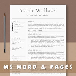 Puede incluir: Una plantilla de currículum vitae con el nombre "Sarah Wallace" y "Professional title" en la parte superior. El documento incluye secciones para información de contacto, perfil, experiencia laboral, educación y habilidades. En la esquina inferior derecha se lee "MS WORD & PAGES".