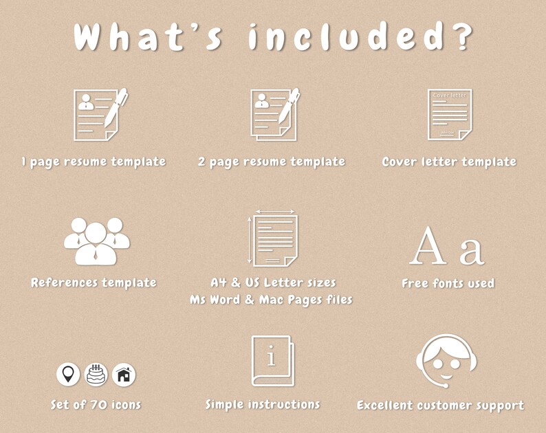 Puede incluir: Un fondo beige con iconos blancos y texto que describe el contenido de un paquete de plantillas de curr&iacute;culum. El texto dice "What's included?" y enumera lo siguiente: plantilla de curr&iacute;culum de 1 p&aacute;gina, plantilla de curr&iacute;culum de 2 p&aacute;ginas, plantilla de carta de presentaci&oacute;n, plantilla de referencias, tama&ntilde;os A4 y US Letter, archivos de Ms Word y Mac Pages, fuentes gratuitas, conjunto de 70 iconos, instrucciones simples y excelente atenci&oacute;n al cliente.