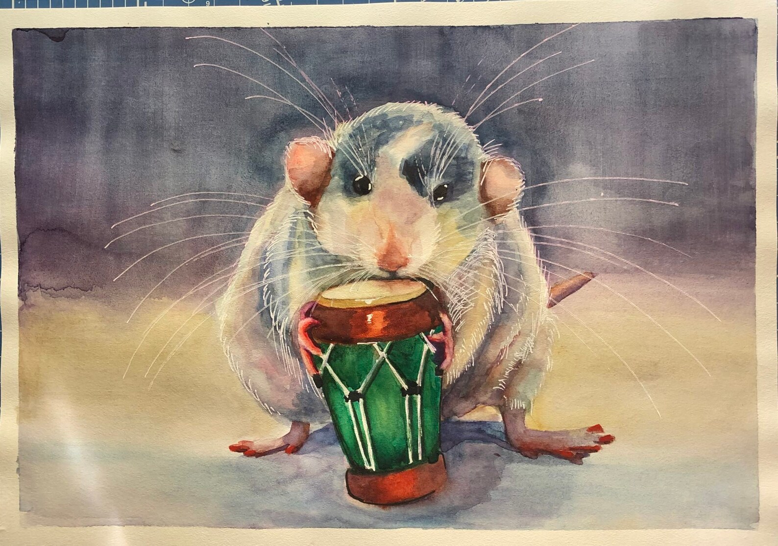 Watercolor painting with a white rat and a drum Cheerful Etsy