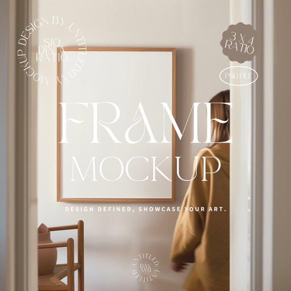 A Vertical Poster Frame Photoshop Mockup Template for Art Display, ISO A DIN Ratio Wood Frame Interior Scene PSD, 3x4 Ratio Frame Mockup