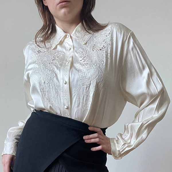 vintage silk embroidery blouse | ivory silk blouse, silk embroidered floral blouse, elegant blouse, charmeuse silk blouse | XS - S