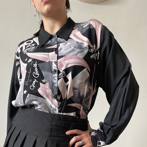 vintage movie star print blouse | Hollywood movie stars print shirt, novelty print shirt, vintage black shirt with a print | S - L