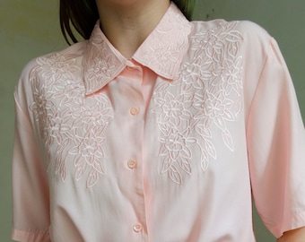 vintage pink embroidery blouse | Romantic pink blouse, floral embroidery blouse, embroidered collar blouse,  | XS - S