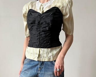 90s Black Ruched Corset Top, Vintage Designer Bustier