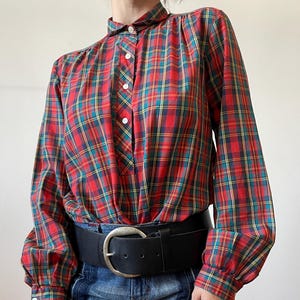 Vintage Red Plaid Blouse: 90s Tartan Western Shirt (S-M)