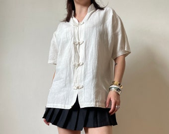 vintage white oriental top | oriental minimalist top, mandarin collar top, avant garde shirt, oversize fit oriental summer shirt | S - L