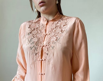 vintage silk embroidery blouse | Hand embroidered floral silk blouse, elegant embroidered collar shirt, peach silk blouse | XS - S