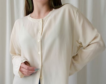 Vintage KRIZIA Ivory Silk Blouse, Flowy Minimalist Oversize Shirt, S - L